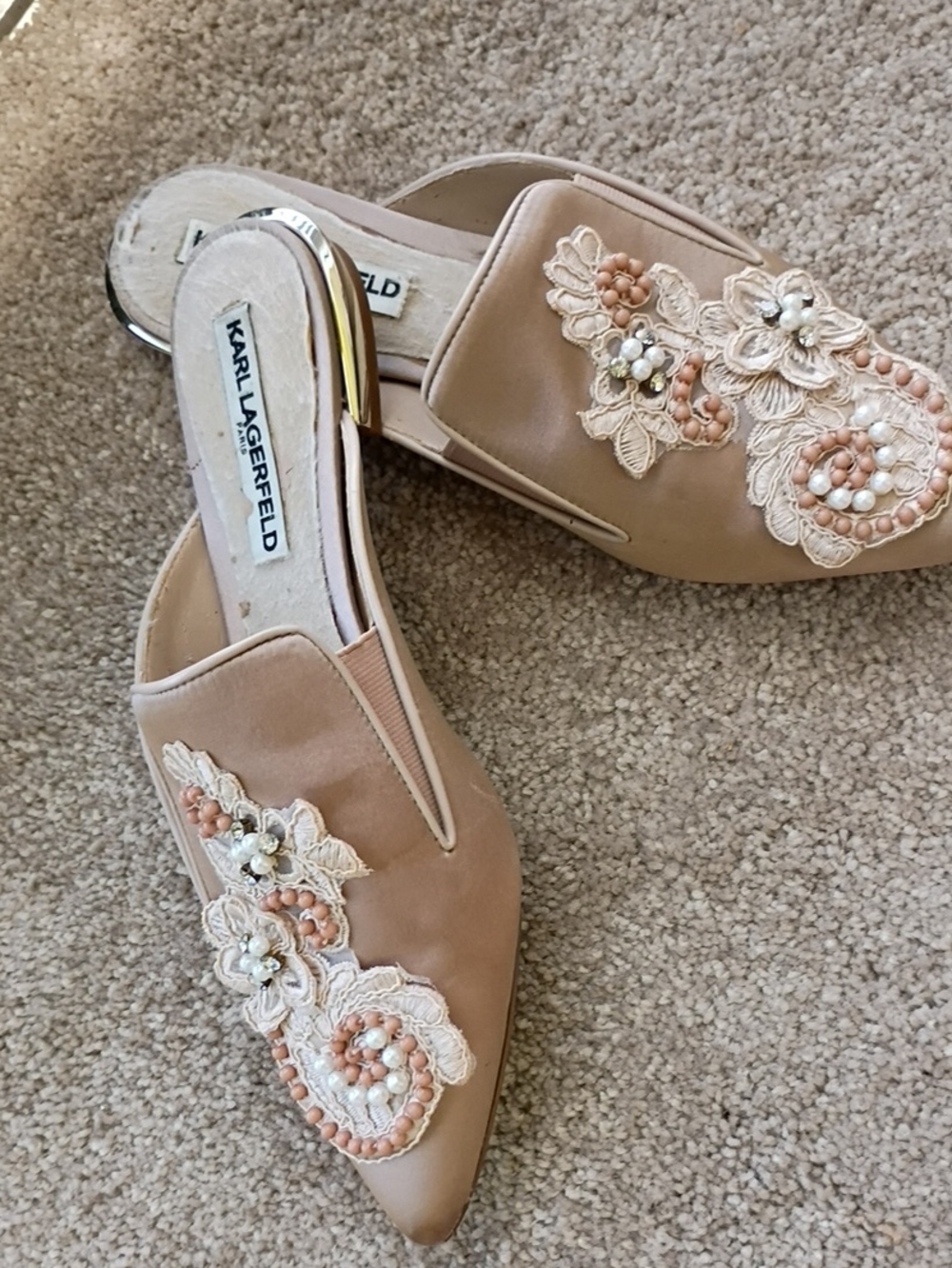 Karl Lagerfeld Peach Embellished Pointed Toe Slide Mules